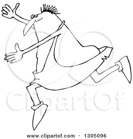 Lineart Clipart of a Cartoon Black and White Chubby Caveman Falling Forward and Tripping - Royalty Free Outline Vector Illustration by djart