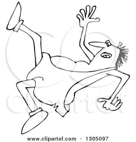 Lineart Clipart of a Cartoon Black and White Chubby Caveman Falling Backwards - Royalty Free Outline Vector Illustration by djart