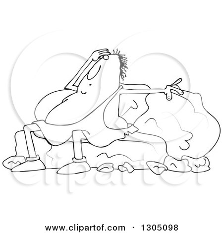 Lineart Clipart of a Cartoon Tired Black and White Chubby Caveman Resting Against Boulders - Royalty Free Outline Vector Illustration by djart