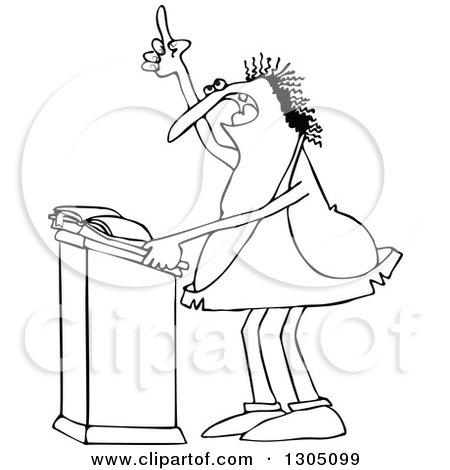 Lineart Clipart of a Cartoon Black and White Chubby Caveman Giving a Sermon at a Podium - Royalty Free Outline Vector Illustration by djart