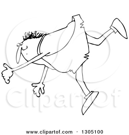 Lineart Clipart of a Cartoon Black and White Chubby Caveman Slipping and Falling Forward - Royalty Free Outline Vector Illustration by djart