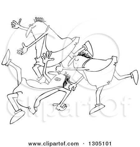 Lineart Clipart of a Cartoon Black and White Group of Chubby Cavemen Tripping and Falling - Royalty Free Outline Vector Illustration by djart