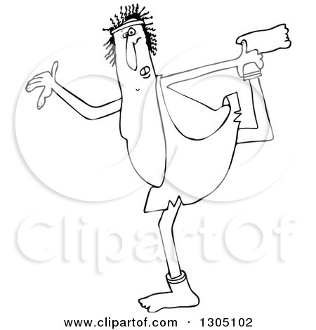 Lineart Clipart of a Cartoon Black and White Chubby Caveman Wearing Socks and Stretching - Royalty Free Outline Vector Illustration by djart