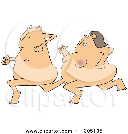 Clipart of a Cartoon Streaking Nude White Woman Chasing a Man - Royalty Free Vector Illustration by djart