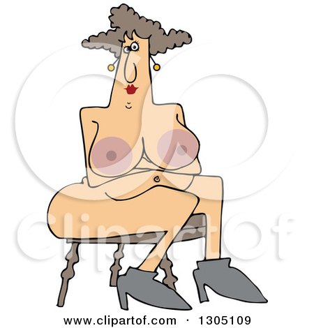 Clipart of a Cartoon Naked Chubby Brunette White Woman with Big Nipples, Sitting in a Chair - Royalty Free Vector Illustration by djart