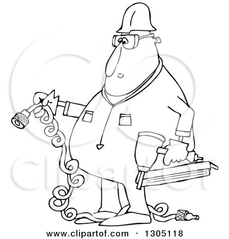 Lineart Clipart of a Cartoon Black and White Chubby Male Construction Worker Holding a Nailer and Plug - Royalty Free Outline Vector Illustration by djart