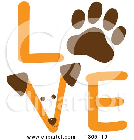 Clipart of a Puppy Dog Face and Paw Print in the Orange Word LOVE - Royalty Free Vector Illustration by Maria Bell