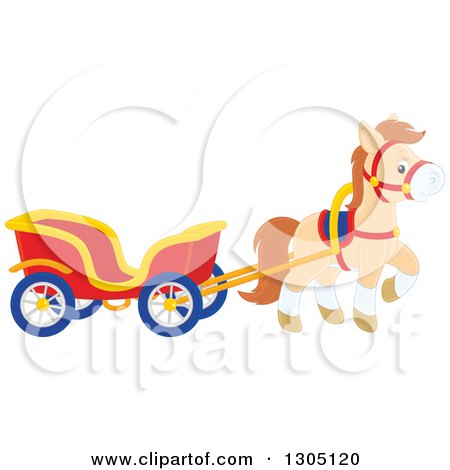 Clipart of a Cute Happy Tan Pony Pulling a Carriage - Royalty Free Vector Illustration by Alex Bannykh
