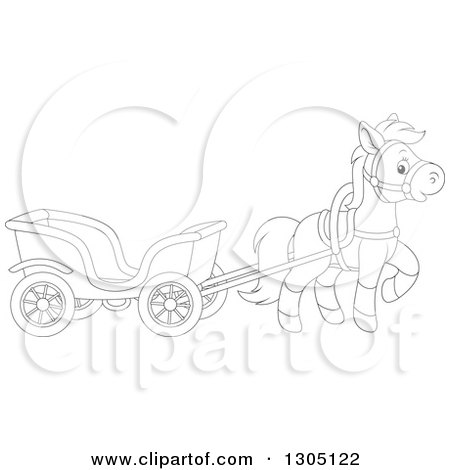Lineart Clipart of a Cartoon Black and White Happy Pony Pulling a Carriage - Royalty Free Outline Vector Illustration by Alex Bannykh