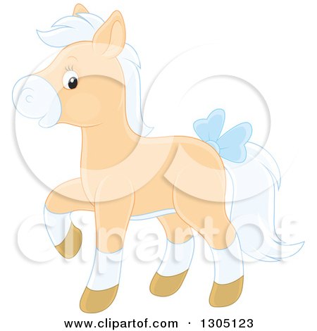Clipart of a Happy Tan and White Horse Pony Walking and Wearing a Blue Bow - Royalty Free Vector Illustration by Alex Bannykh