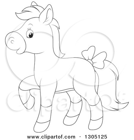 Lineart Clipart of a Cartoon Black and White Happy Horse Pony Walking and Wearing a Bow - Royalty Free Outline Vector Illustration by Alex Bannykh