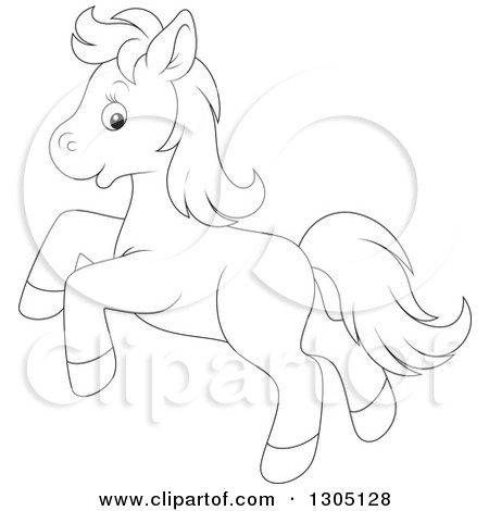 Lineart Clipart of a Cartoon Black and White Happy Horse Pony Rearing - Royalty Free Outline Vector Illustration by Alex Bannykh