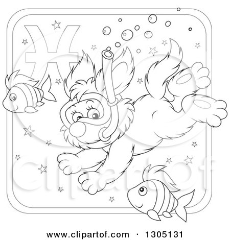 Lineart Clipart of a Cartoon Black and White Swimming Snorkeling Pisces Astrology Zodiac Puppy Dog Icon - Royalty Free Outline Vector Illustration by Alex Bannykh