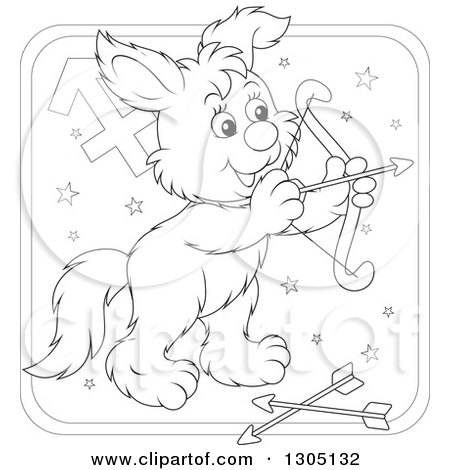Lineart Clipart of a Cartoon Black and White Sagitarius Archer Astrology Zodiac Puppy Dog Icon - Royalty Free Outline Vector Illustration by Alex Bannykh