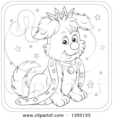 Lineart Clipart of a Cartoon Black and White King Leo Astrology Zodiac Puppy Dog Icon - Royalty Free Outline Vector Illustration by Alex Bannykh
