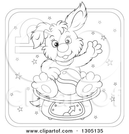 Lineart Clipart of a Cartoon Black and White Libra Astrology Zodiac Puppy Dog Sitting on a Scale Icon - Royalty Free Outline Vector Illustration by Alex Bannykh