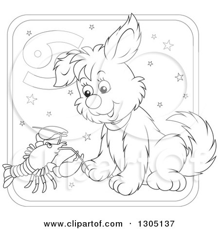 Lineart Clipart of a Cartoon Black and White Cancer Astrology Zodiac Puppy Dog with a Crab or Crawdad Icon - Royalty Free Outline Vector Illustration by Alex Bannykh