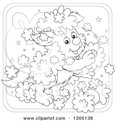 Lineart Clipart of a Cartoon Black and White Playful Fluffy Aries Astrology Zodiac Puppy Dog Icon - Royalty Free Outline Vector Illustration by Alex Bannykh