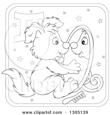 Lineart Clipart of a Cartoon Black and White Gemini Astrology Zodiac Puppy Dog Looking in a Mirror Icon - Royalty Free Outline Vector Illustration by Alex Bannykh