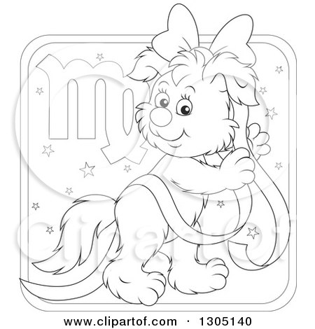 Lineart Clipart of a Cartoon Black and White Virgo Astrology Zodiac Puppy Dog with a Pink Bow and Ribbon Icon - Royalty Free Outline Vector Illustration by Alex Bannykh