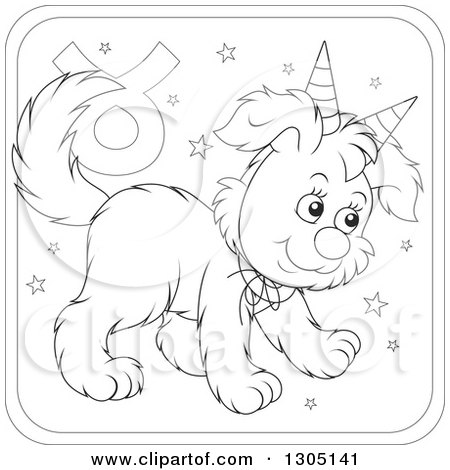 Lineart Clipart of a Cartoon Black and White Taurus Astrology Zodiac Puppy Dog Wearing Two Party Hats like Horns Icon - Royalty Free Outline Vector Illustration by Alex Bannykh
