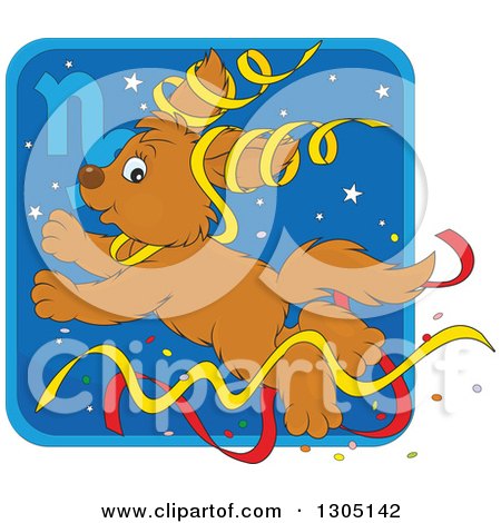 Clipart of a Cartoon Jumping Capricorn Astrology Zodiac Puppy Dog with Ribbons Icon - Royalty Free Vector Illustration by Alex Bannykh