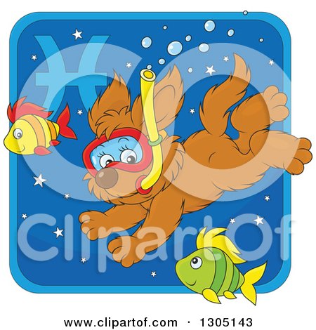 Clipart of a Cartoon Swimming Snorkeling Pisces Astrology Zodiac Puppy Dog Icon - Royalty Free Vector Illustration by Alex Bannykh