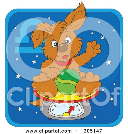 Clipart of a Cartoon Libra Astrology Zodiac Puppy Dog Sitting on a Scale Icon - Royalty Free Vector Illustration by Alex Bannykh