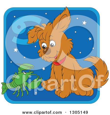 Clipart of a Cartoon Cancer Astrology Zodiac Puppy Dog with a Crab or Crawdad Icon - Royalty Free Vector Illustration by Alex Bannykh
