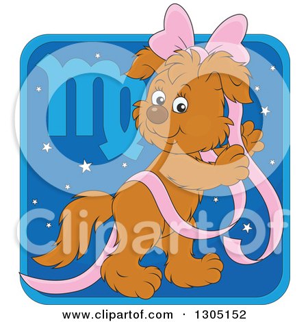 Clipart of a Cartoon Virgo Astrology Zodiac Puppy Dog with a Pink Bow and Ribbon Icon - Royalty Free Vector Illustration by Alex Bannykh