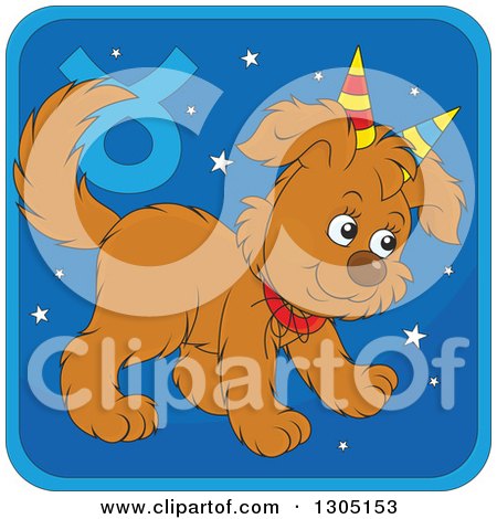 Clipart of a Cartoon Taurus Astrology Zodiac Puppy Dog Wearing Two Party Hats like Horns Icon - Royalty Free Vector Illustration by Alex Bannykh