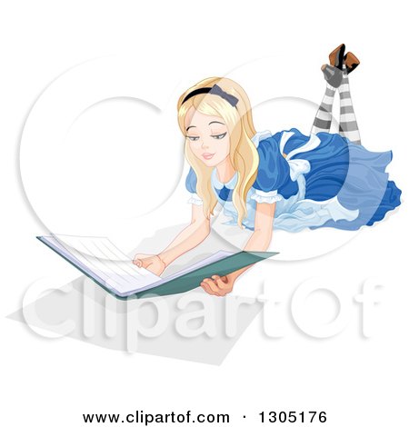 Clipart of Alice in Wonderland Resting on the Floor and Reading a Book - Royalty Free Vector Illustration by Pushkin