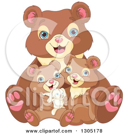 Clipart of a Cute Happy Bear Family Cuddling with a Stuffed Bunny Rabbit - Royalty Free Vector Illustration by Pushkin