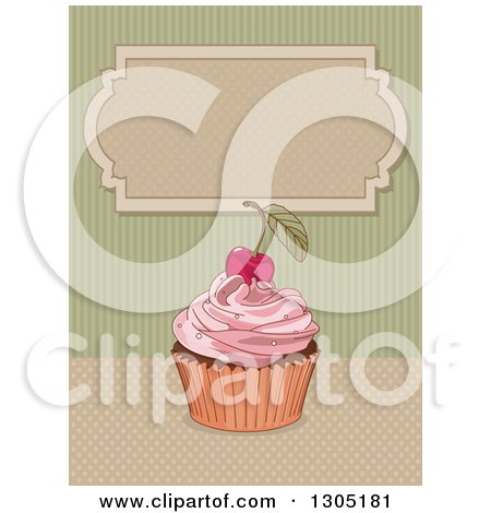 Clipart of a Cherry Topped, Pink Frosted Cupcake over Dots and Green Stripes with a Blank Frame - Royalty Free Vector Illustration by Pushkin