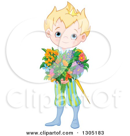 Clipart of a Cute, Blue Eyed, Blond Caucasian Prince in a Colorful Uniform, Holding a Flower Bouquet - Royalty Free Vector Illustration by Pushkin