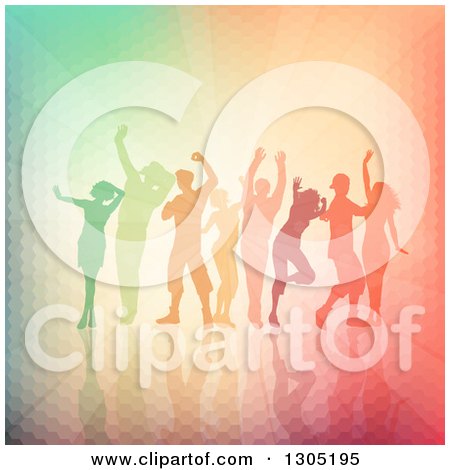 Clipart of a Group of Silhouetted Dancers over a Colorful Texture and Rays - Royalty Free Vector Illustration by KJ Pargeter