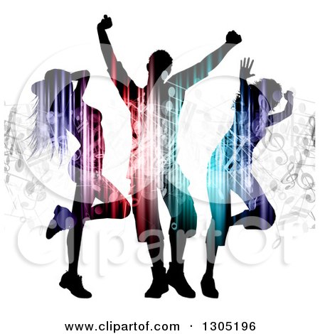 Clipart of Silhouetted Light and Music Patterned Dancers on White - Royalty Free Vector Illustration by KJ Pargeter