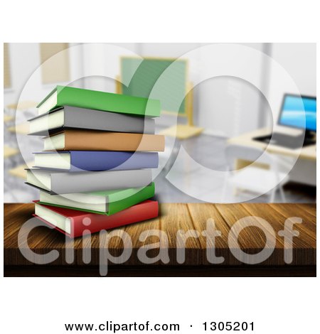 Clipart of a 3d Stack of Colorful Books on a Wood Table or Counter in a Class Room - Royalty Free Illustration by KJ Pargeter
