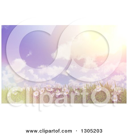 Clipart of a 3d Hillside with Grass and Daisy Flowers Against a Vintage Flared Sky with Puffy Clouds - Royalty Free Illustration by KJ Pargeter