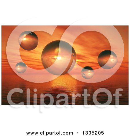 Clipart of 3d Floating Spheres over an Orange Ocean Sunset - Royalty Free Illustration by KJ Pargeter