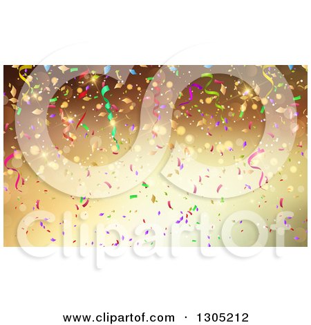 Clipart of a Gradient Gold Party Background with Flares, Streamers and Confetti - Royalty Free Vector Illustration by KJ Pargeter
