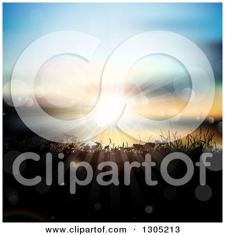 Clipart of an Ocean Sunset with Flares, the Sun and Silhouetted Plants - Royalty Free Vector Illustration by KJ Pargeter
