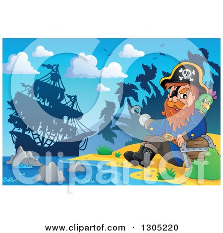 Clipart of a Cartoon Pirate Captain with a Treasure Chest and Parrot, Sitting on a Beach with His Ship in the Distance - Royalty Free Vector Illustration by visekart