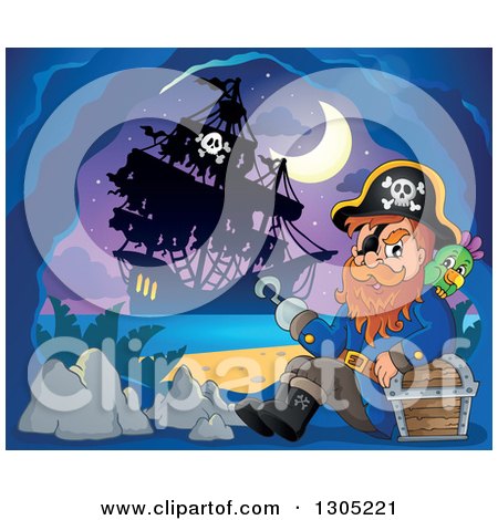 Clipart of a Cartoon Pirate Captain with a Treasure Chest and Parrot in a Cave, His Ship Outside Under a Crescent Moon - Royalty Free Vector Illustration by visekart
