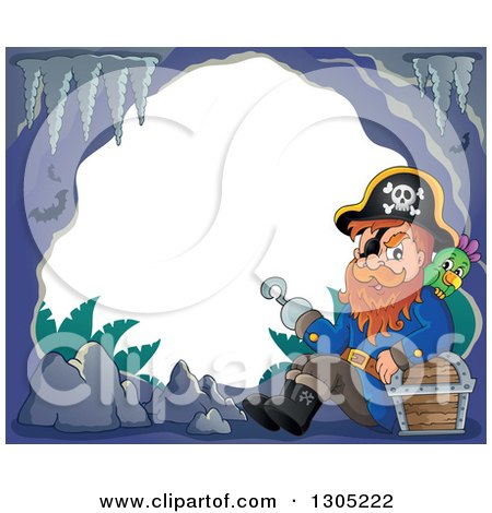 Clipart of a Cartoon Pirate Captain with a Treasure Chest and Parrot in a Cave Frame - Royalty Free Vector Illustration by visekart