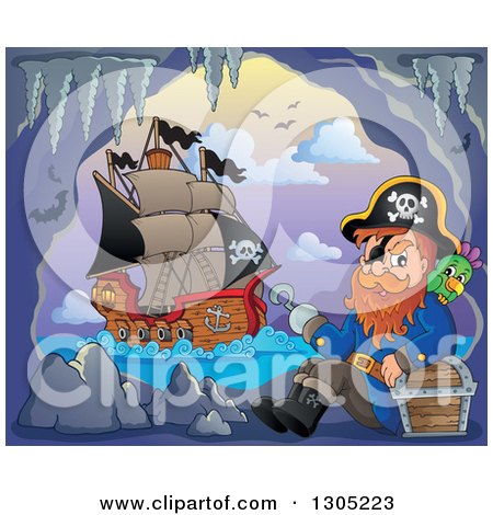 Clipart of a Cartoon Pirate Captain with a Treasure Chest and Parrot in a Cave, His Ship Outside at Sunset - Royalty Free Vector Illustration by visekart
