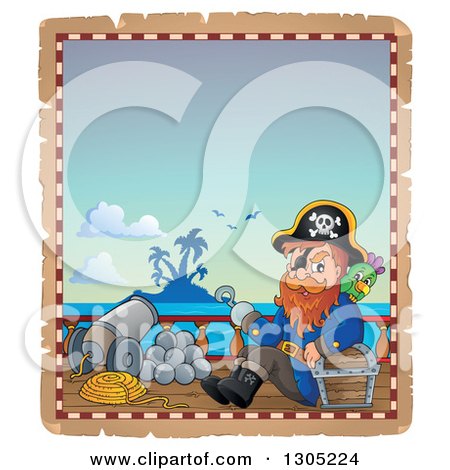 Clipart of a Cartoon Pirate Captain with a Treasure Chest and Parrot on a Ship Deck on a Parchement Page - Royalty Free Vector Illustration by visekart