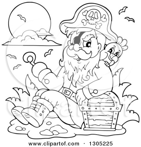Lineart Clipart of a Cartoon Black and White Pirate Captain Sitting, Leaning Against a Treasure Chest with a Parrot and Presenting with a Hook Hand - Royalty Free Outline Vector Illustration by visekart