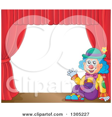 Clipart of a Cartoon Friendly Clown Sitting and Waving on Stage, with Red Curtains - Royalty Free Vector Illustration by visekart