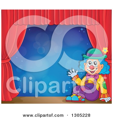 Clipart of a Cartoon Friendly Clown Sitting and Waving on Stage, with Red Curtains and Blue Flares - Royalty Free Vector Illustration by visekart